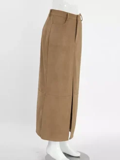 Faux Suede Women Maxi Skirt - Chic Front Slit High Waisted - Quiet Luxury Spring Streetwear 2026
