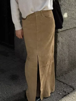 Faux Suede Women Maxi Skirt - Chic Front Slit High Waisted - Quiet Luxury Spring Streetwear 2026