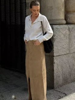 Faux Suede Women Maxi Skirt - Chic Front Slit High Waisted - Quiet Luxury Spring Streetwear 2026