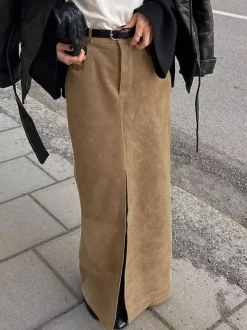Faux Suede Women Maxi Skirt - Chic Front Slit High Waisted - Quiet Luxury Spring Streetwear 2026