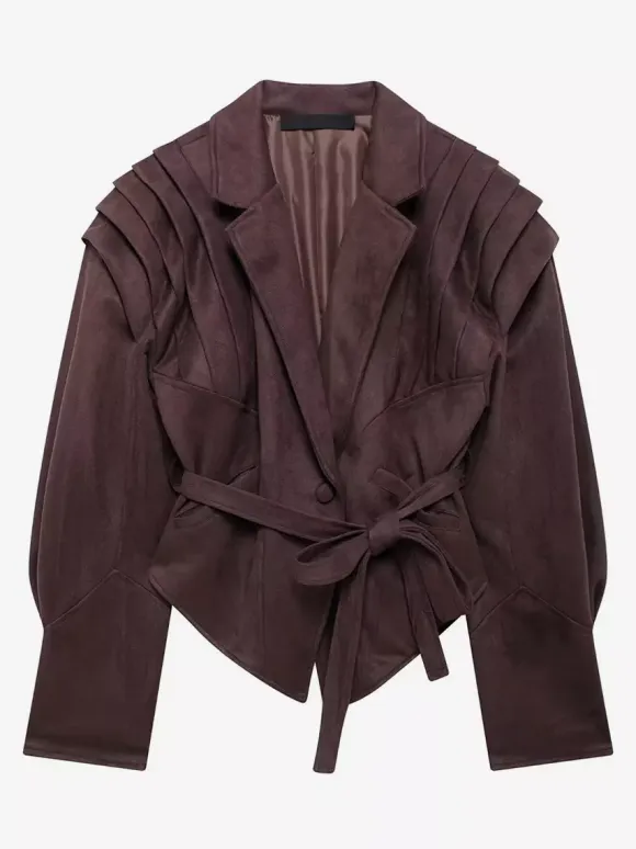 Faux Suede Wrap Jacket For Women - Brown Hourglass Tailored Blazer Structured Shoulder Coat - Spring Chic Streetwear 2026