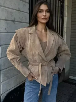 Faux Suede Wrap Jacket For Women - Brown Hourglass Tailored Blazer Structured Shoulder Coat - Spring Chic Streetwear 2026