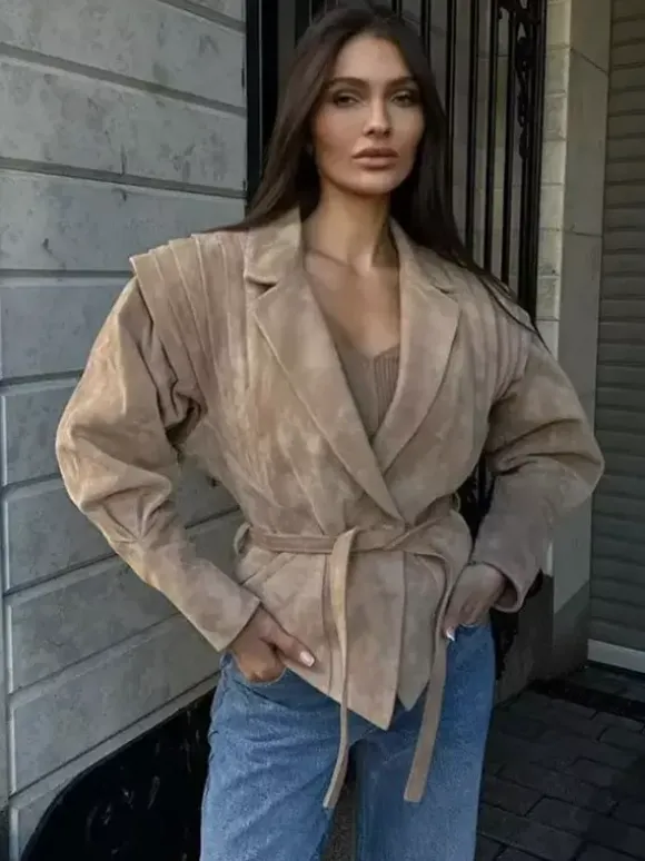 Faux Suede Wrap Jacket For Women - Brown Hourglass Tailored Blazer Structured Shoulder Coat - Spring Chic Streetwear 2026