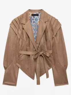 Faux Suede Wrap Jacket For Women - Brown Hourglass Tailored Blazer Structured Shoulder Coat - Spring Chic Streetwear 2026