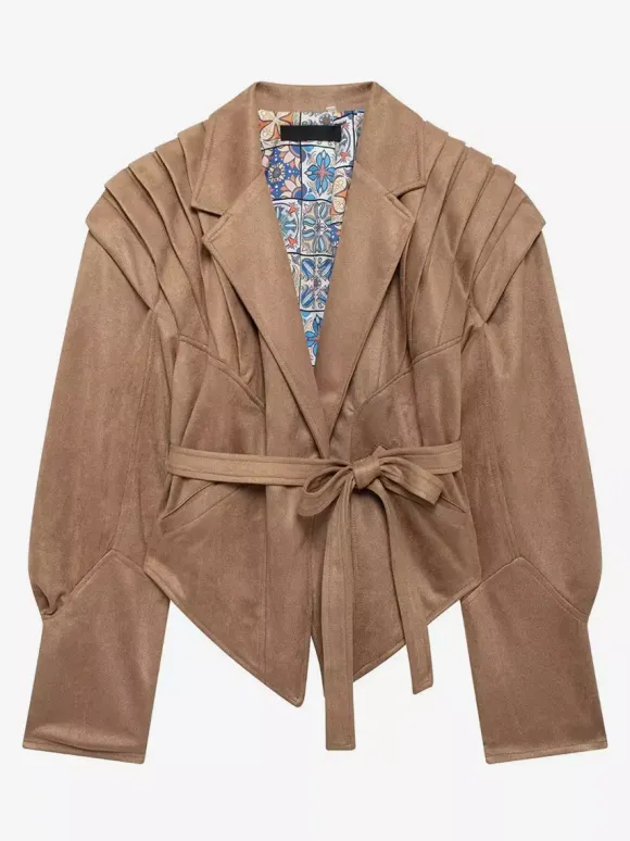 Faux Suede Wrap Jacket For Women - Brown Hourglass Tailored Blazer Structured Shoulder Coat - Spring Chic Streetwear 2026