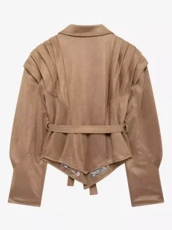 Faux Suede Wrap Jacket For Women - Brown Hourglass Tailored Blazer Structured Shoulder Coat - Spring Chic Streetwear 2026
