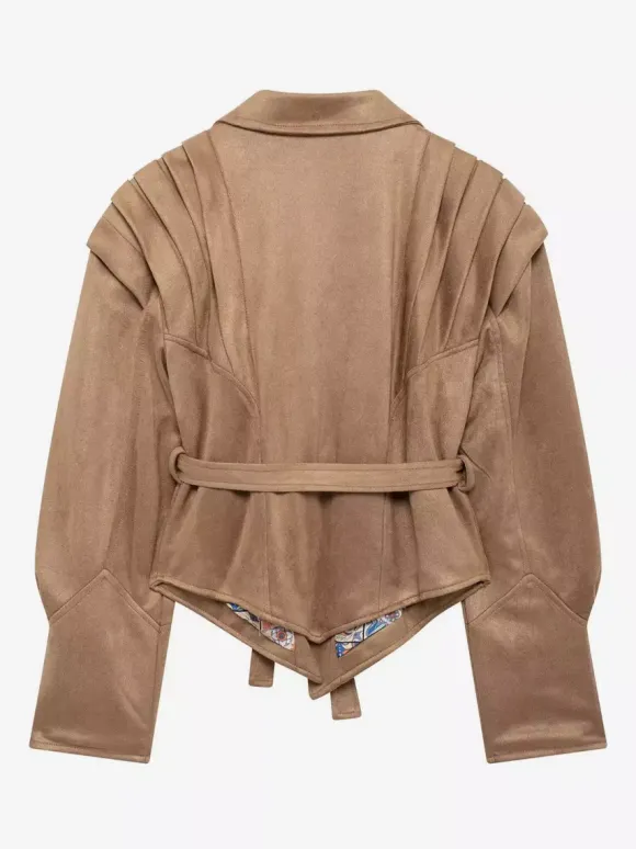 Faux Suede Wrap Jacket For Women - Brown Hourglass Tailored Blazer Structured Shoulder Coat - Spring Chic Streetwear 2026