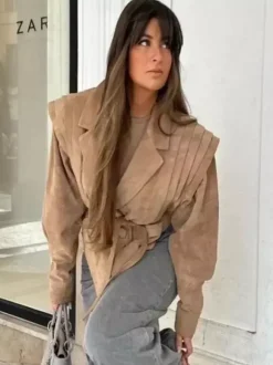 Faux Suede Wrap Jacket For Women - Brown Hourglass Tailored Blazer Structured Shoulder Coat - Spring Chic Streetwear 2026