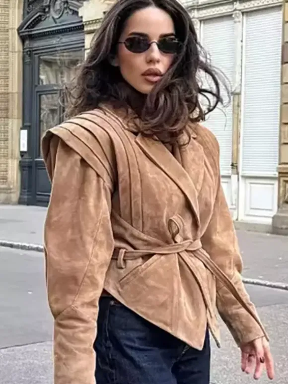 Faux Suede Wrap Jacket For Women - Brown Hourglass Tailored Blazer Structured Shoulder Coat - Spring Chic Streetwear 2026