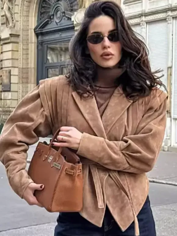 Faux Suede Wrap Jacket For Women - Brown Hourglass Tailored Blazer Structured Shoulder Coat - Spring Chic Streetwear 2026