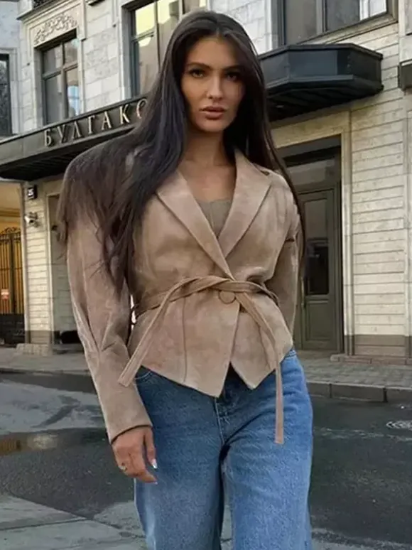 Faux Suede Wrap Jacket For Women - Brown Hourglass Tailored Blazer Structured Shoulder Coat - Spring Chic Streetwear 2026
