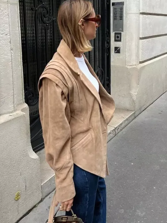 Faux Suede Wrap Jacket For Women - Brown Hourglass Tailored Blazer Structured Shoulder Coat - Spring Chic Streetwear 2026
