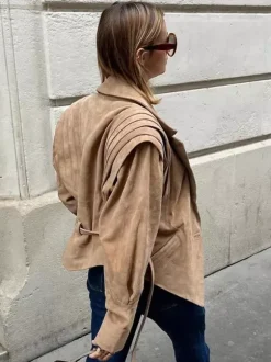 Faux Suede Wrap Jacket For Women - Brown Hourglass Tailored Blazer Structured Shoulder Coat - Spring Chic Streetwear 2026