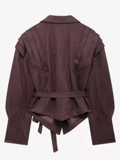 Faux Suede Wrap Jacket For Women - Brown Hourglass Tailored Blazer Structured Shoulder Coat - Spring Chic Streetwear 2026