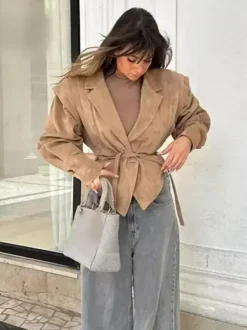 Faux Suede Wrap Jacket For Women - Brown Hourglass Tailored Blazer Structured Shoulder Coat - Spring Chic Streetwear 2026
