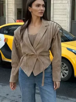 Faux Suede Wrap Jacket For Women - Brown Hourglass Tailored Blazer Structured Shoulder Coat - Spring Chic Streetwear 2026