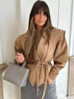 Faux Suede Wrap Jacket For Women - Brown Hourglass Tailored Blazer Structured Shoulder Coat - Spring Chic Streetwear 2026