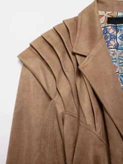 Faux Suede Wrap Jacket For Women - Brown Hourglass Tailored Blazer Structured Shoulder Coat - Spring Chic Streetwear 2026