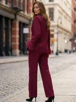 Feather Cuff 2 Piece Suit Set For Women - Red Elegant Blazer And Straight Leg Pants Co-ord- Spring Business Party Outfit 2026