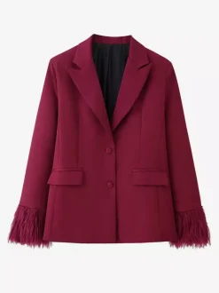 Feather Cuff 2 Piece Suit Set For Women - Red Elegant Blazer And Straight Leg Pants Co-ord- Spring Business Party Outfit 2026