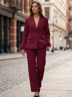Feather Cuff 2 Piece Suit Set For Women - Red Elegant Blazer And Straight Leg Pants Co-ord- Spring Business Party Outfit 2026