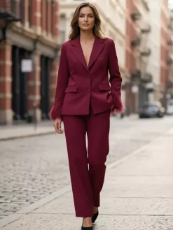 Feather Cuff 2 Piece Suit Set For Women - Red Elegant Blazer And Straight Leg Pants Co-ord- Spring Business Party Outfit 2026