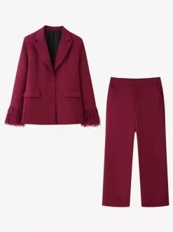 Feather Cuff 2 Piece Suit Set For Women - Red Elegant Blazer And Straight Leg Pants Co-ord- Spring Business Party Outfit 2026
