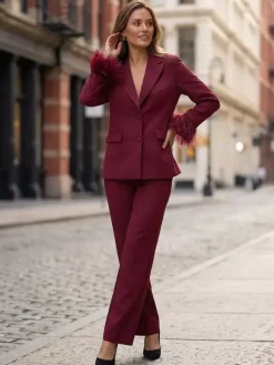 Feather Cuff 2 Piece Suit Set For Women - Red Elegant Blazer And Straight Leg Pants Co-ord- Spring Business Party Outfit 2026