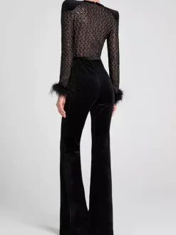 Feather Cuff Velvet Jumpsuit with Padded Shoulders Long Sleeve Spring Formal Party Wear For Women 2026