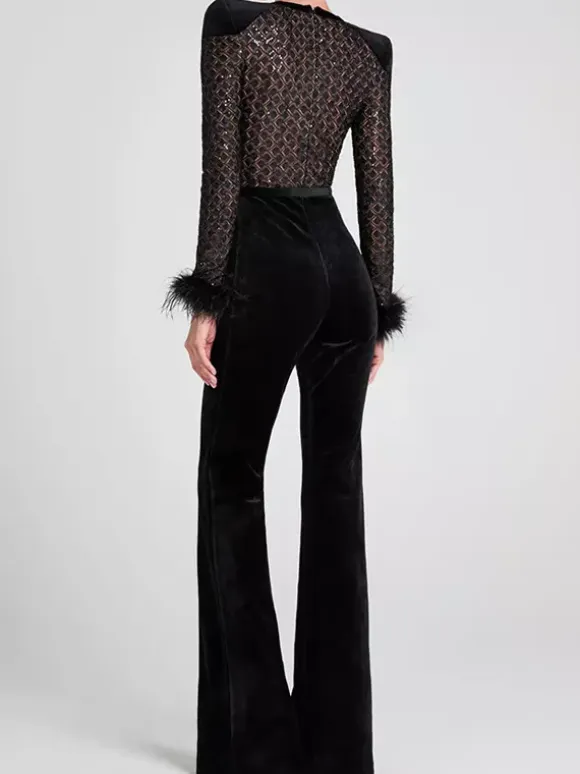 Feather Cuff Velvet Jumpsuit with Padded Shoulders Long Sleeve Spring Formal Party Wear For Women 2026