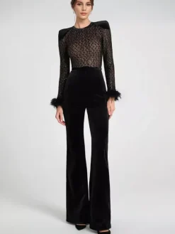 Feather Cuff Velvet Jumpsuit with Padded Shoulders Long Sleeve Spring Formal Party Wear For Women 2026