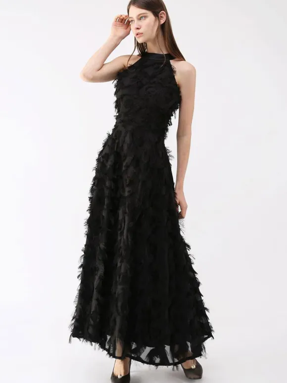Feather Maxi Dress Halter Sleeveless A-Line Elegant Prom Dresses