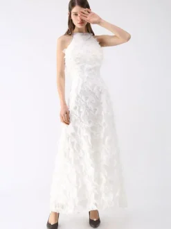 Feather Maxi Dress Halter Sleeveless A-Line Elegant Prom Dresses