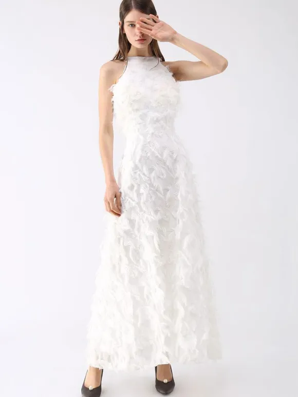 Feather Maxi Dress Halter Sleeveless A-Line Elegant Prom Dresses