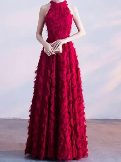 Feather Maxi Dress Halter Sleeveless A-Line Elegant Prom Dresses