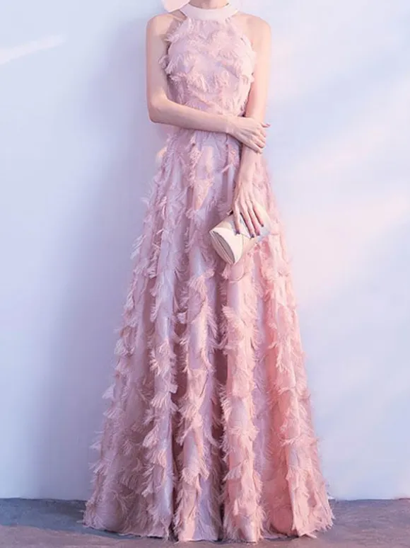 Feather Maxi Dress Halter Sleeveless A-Line Elegant Prom Dresses