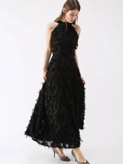 Feather Maxi Dress Halter Sleeveless A-Line Elegant Prom Dresses