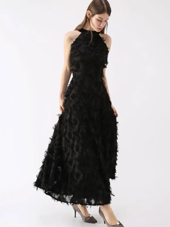 Feather Maxi Dress Halter Sleeveless A-Line Elegant Prom Dresses