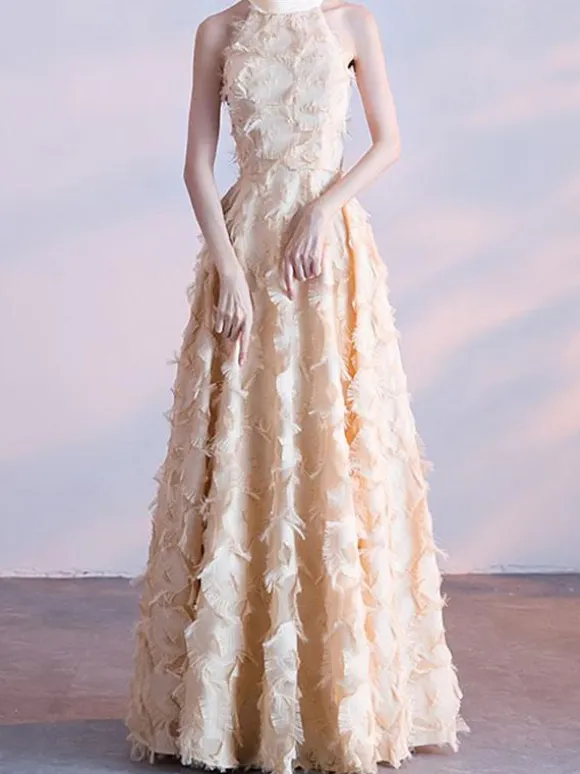 Feather Maxi Dress Halter Sleeveless A-Line Elegant Prom Dresses
