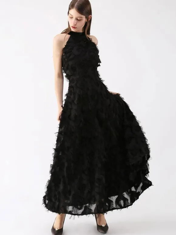 Feather Maxi Dress Halter Sleeveless A-Line Elegant Prom Dresses