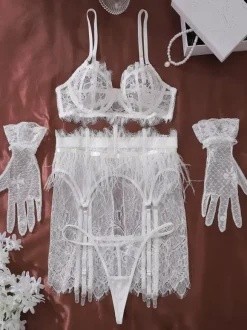 Feathers Bridal Lingerie Sexy White 4-Piece Adult's Bra Panty Sets