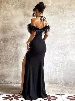 Feather Trim Maxi Dress For Women - Black Elegant Halter High Slit Bodycon Gown - Summer Evening Party 2026