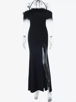 Feather Trim Maxi Dress For Women - Black Elegant Halter High Slit Bodycon Gown - Summer Evening Party 2026