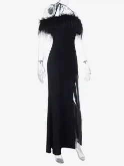 Feather Trim Maxi Dress For Women - Black Elegant Halter High Slit Bodycon Gown - Summer Evening Party 2026