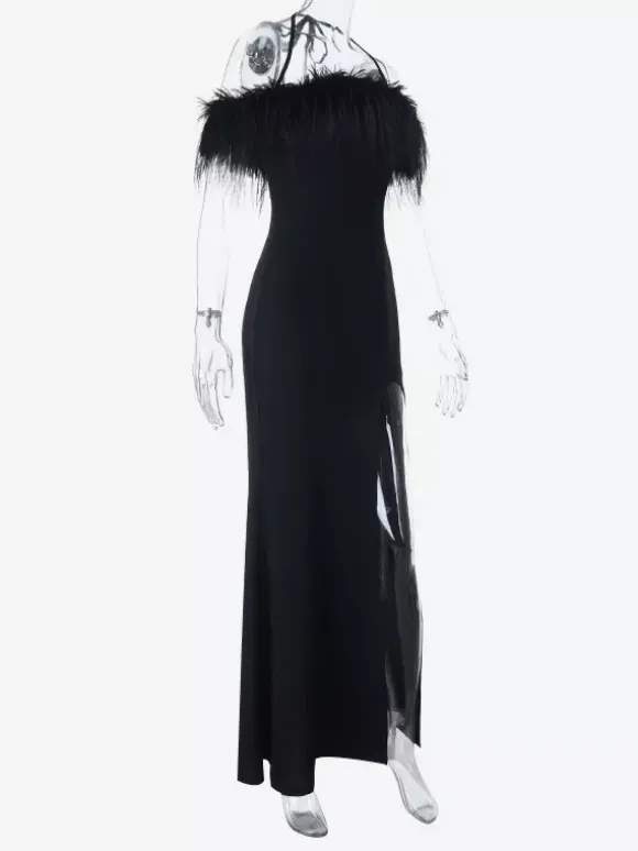 Feather Trim Maxi Dress For Women - Black Elegant Halter High Slit Bodycon Gown - Summer Evening Party 2026