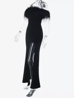 Feather Trim Maxi Dress For Women - Black Elegant Halter High Slit Bodycon Gown - Summer Evening Party 2026