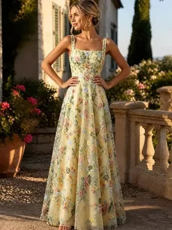 FFloral Embroidery Tulle Maxi Dress Square Spaghetti Strap A Line Wedding Guest Formal Gown