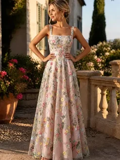 FFloral Embroidery Tulle Maxi Dress Square Spaghetti Strap A Line Wedding Guest Formal Gown