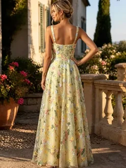 FFloral Embroidery Tulle Maxi Dress Square Spaghetti Strap A Line Wedding Guest Formal Gown