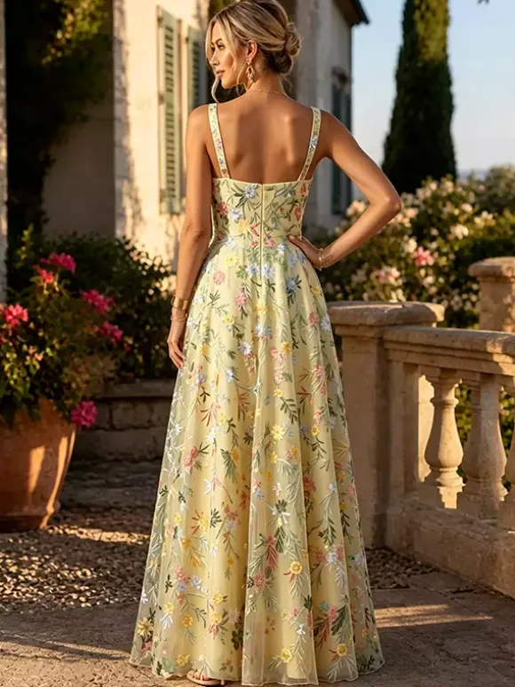 FFloral Embroidery Tulle Maxi Dress Square Spaghetti Strap A Line Wedding Guest Formal Gown